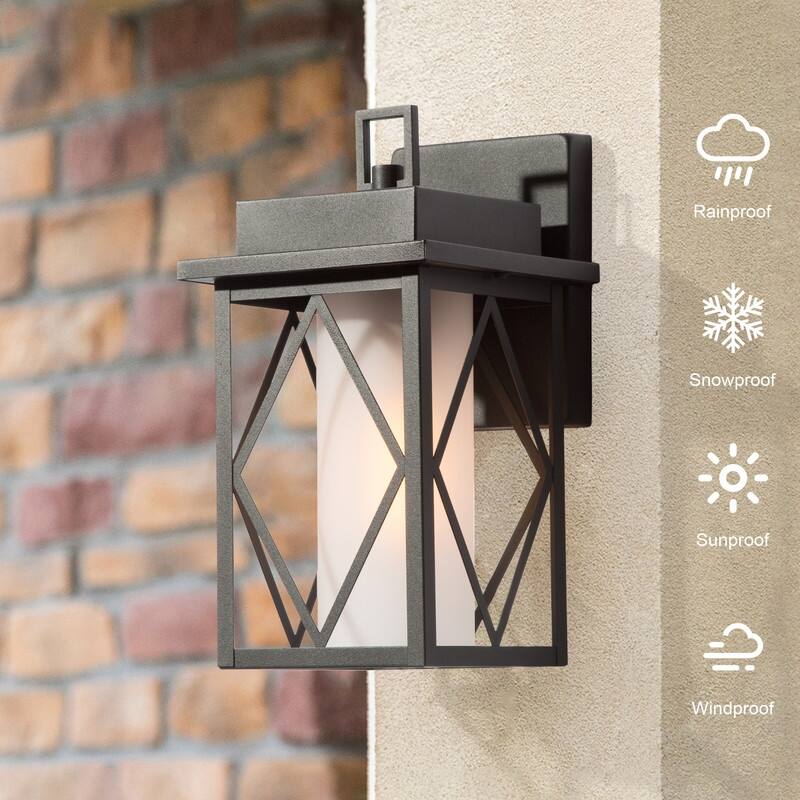 Aary Modern Black Farmhouse Indoor/Outdoor Lantern LED Patio Wall Lantern Wall Sconce Frosted Cylinder Glass - W6"*H10.8" *E6.8"