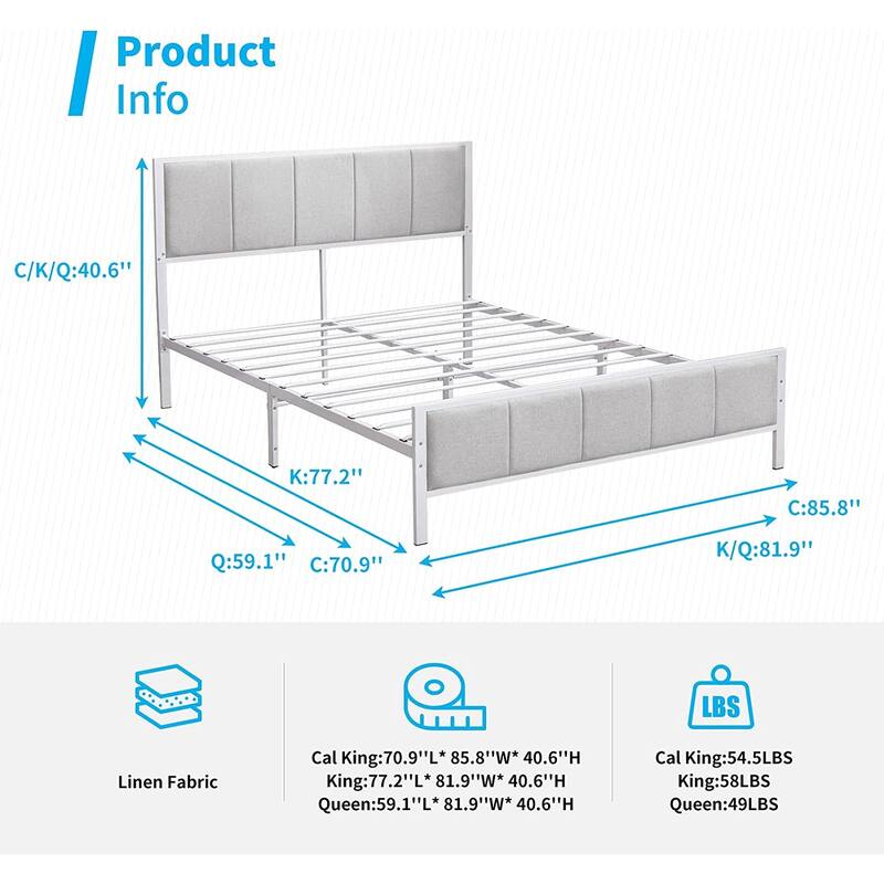 Mixoy Bed Frame, Linen Upholstered Platform Bed Bedroom, Bed Frame with Channel Tufted Headboard, No Box Spring Needed