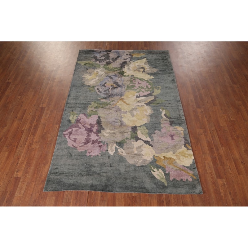 Handmade Gray Abstract Indian Area Rug Oriental Wool & Silk Carpet - 5'5"x 8'4"