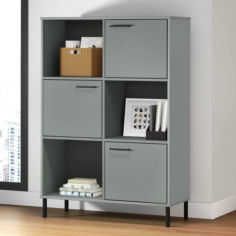 vidaXL Bookshelf Book Cabinet with Metal Legs Storage Cabinet OSLO Solid Wood - 35.4" x 13.8" x 50.6" - Grey