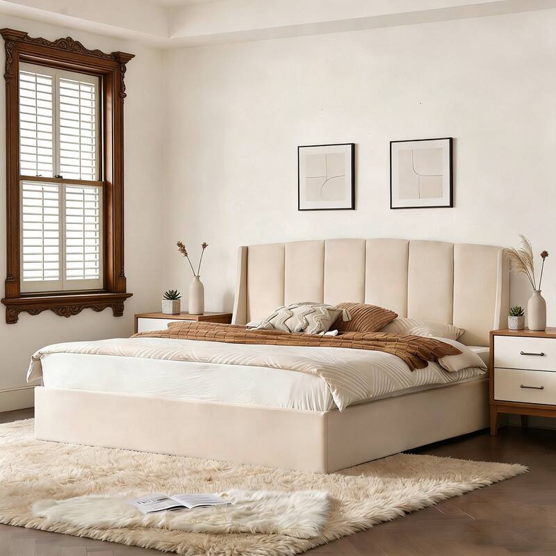Linen Wingback Hydraulic Lift Up Storage Upholstered Platform Bed
