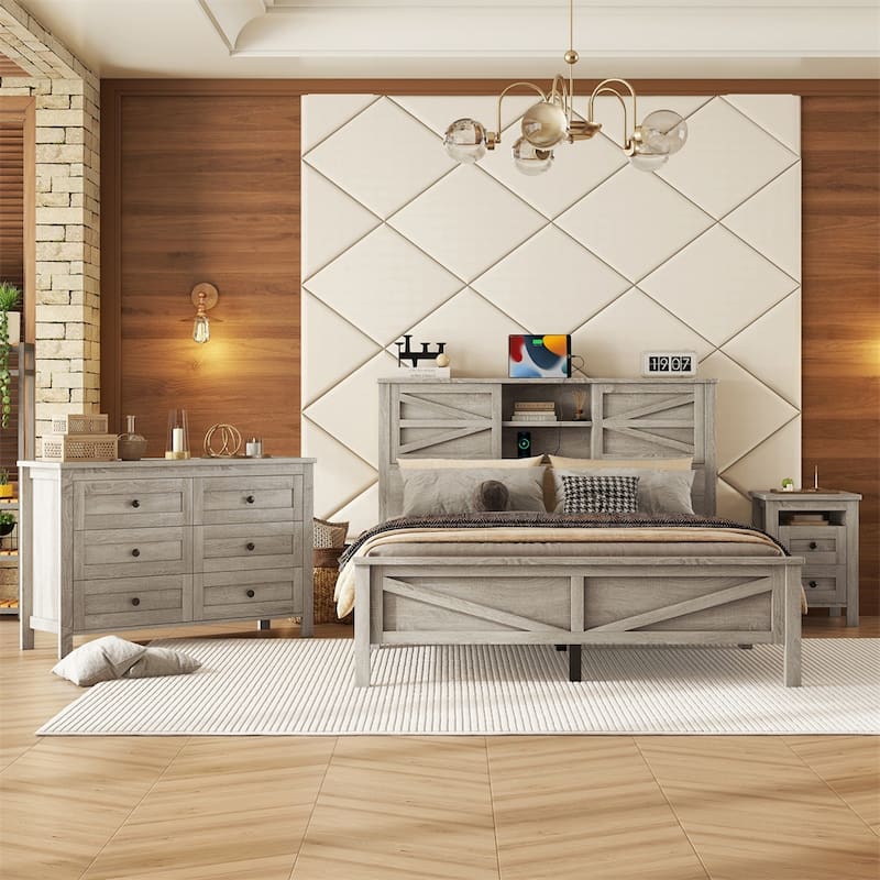 Bedroom Sets Queen Size Platform Bed with Charging Station,Nightstand,Dresser(Set of 3) - Antique Gray