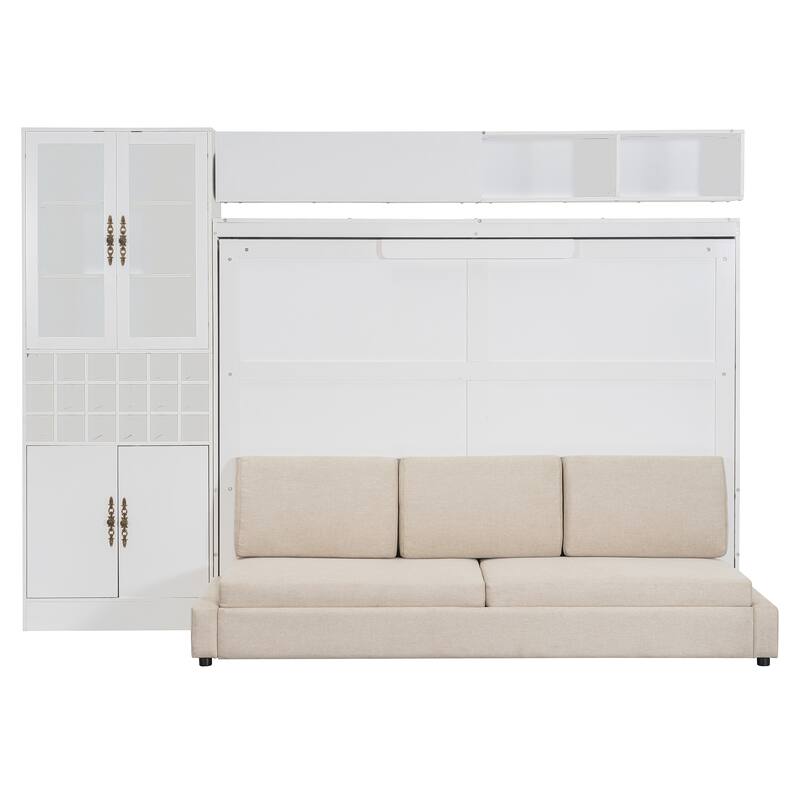 Foldable Murphy Bed Wall Bed with Queen Platform Bed and Sofa, Storage Bed with USB, Glass Door Cabinet, Wine Rack and Shelves