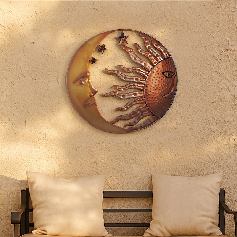 21 Inch Handcrafted Sun and Moon Accent Wall Decor, Round Metal Wall Mount, Rustic Gold, Bronze