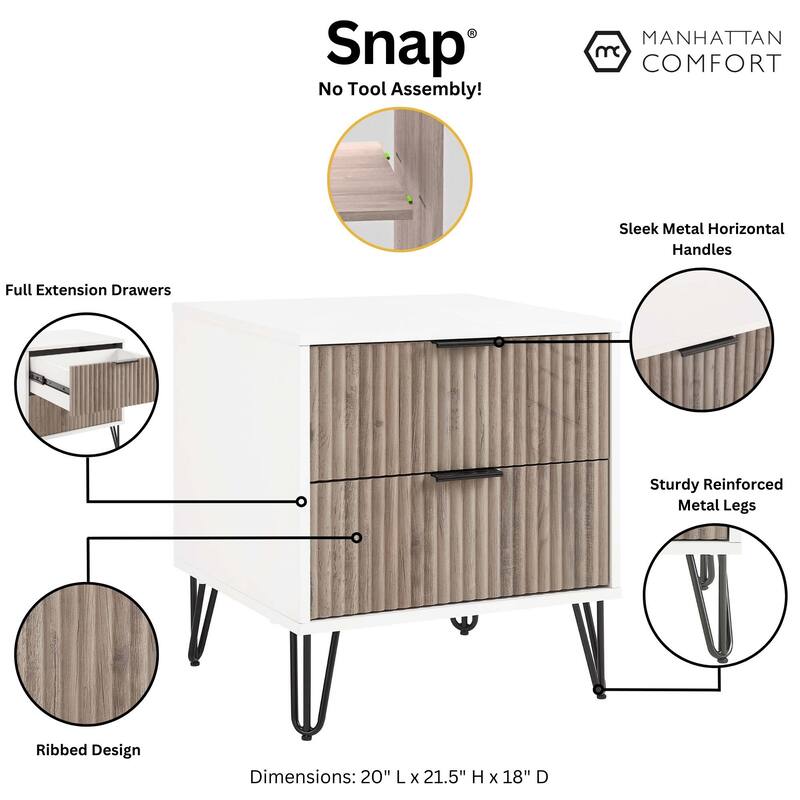 Manhattan Comfort Dumbo Mid Century Nightstand with 2 Drawer and Metal Feet.