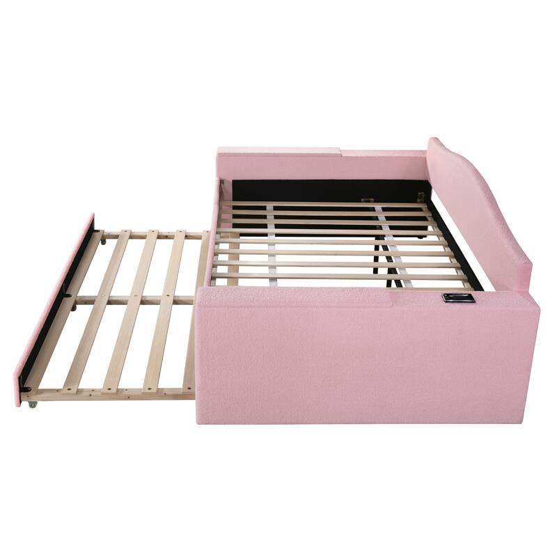 Pink Teddy Fleece Upholstered Daybed with Bluetooth Audio, Storage & Trundle
