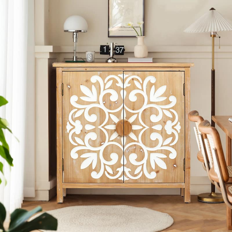 GDF Studio - Halden Rustic Wooden Accent Cabinet with Floral Carved Doors - Antique Brown & White
