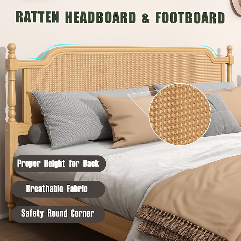 Rattan King Size Platform Bed Frame - Handwoven Rattan Headboard and Footboard, Solid Pine Wood, No Box Spring Needed , Walnut
