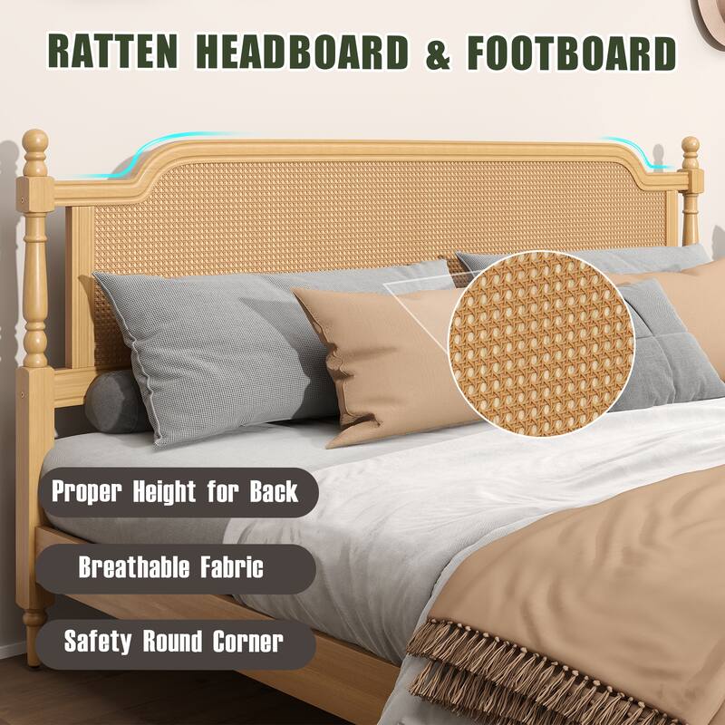 Rattan Platform Bed Frame with Handwoven Rattan Headboard and Footboard, No Box Spring Needed Solid Pine Wood Bed Frame
