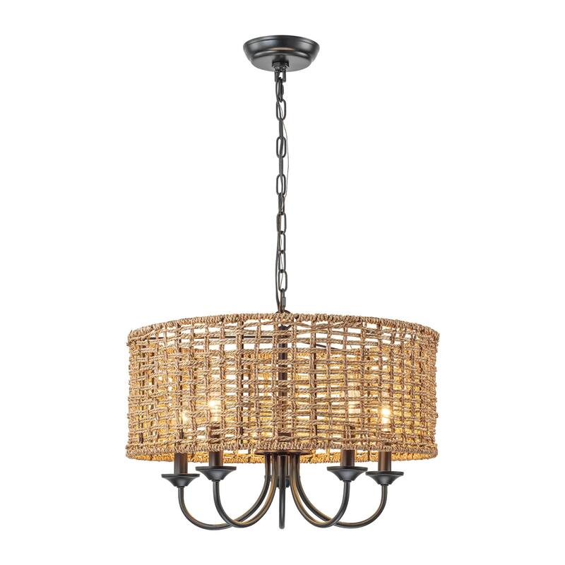 5-Light Modern Boho Farmhouse Drum Hand Woven Chandelier with Natural Rattan Shade - 19.6 in. W