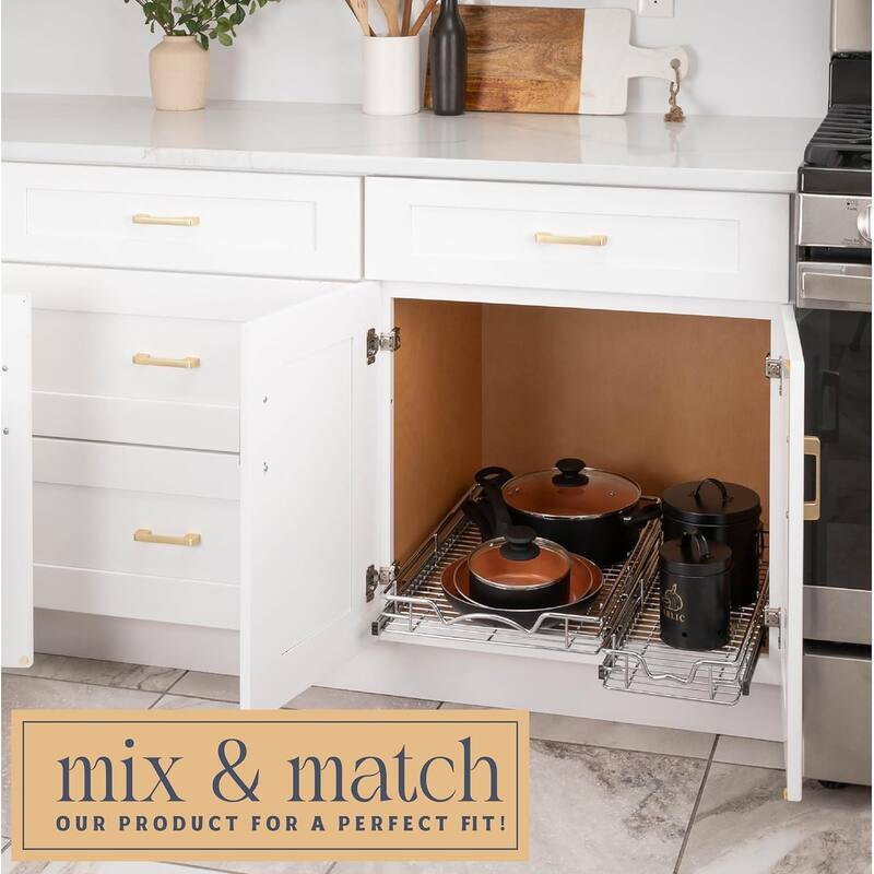 HOLD N' STORAGE Pull Out Cabinet Organizer 24”W x 21”D - Steel Metal cabinet drawers slide out, Chrome Finish