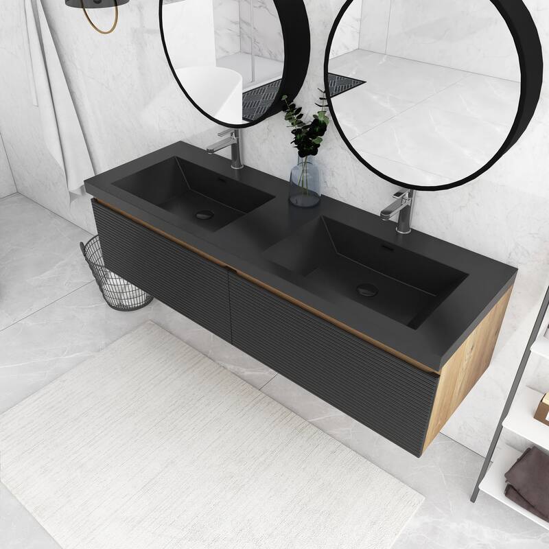 MDF Wall-Mounted Bathroom Vanity Set with Integrated Resin Sink with Drain in Matte Black