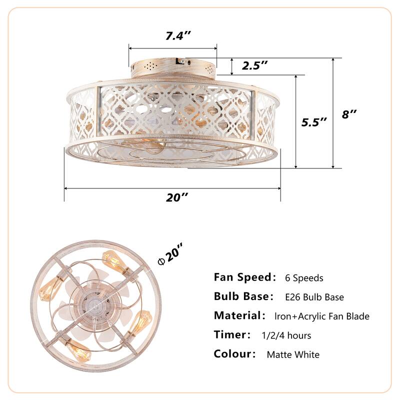 20" Flower Style Iron Ceiling Fans With Remote Control,Flush Mount Caged Ceiling Fan for Bedroom, Living Room
