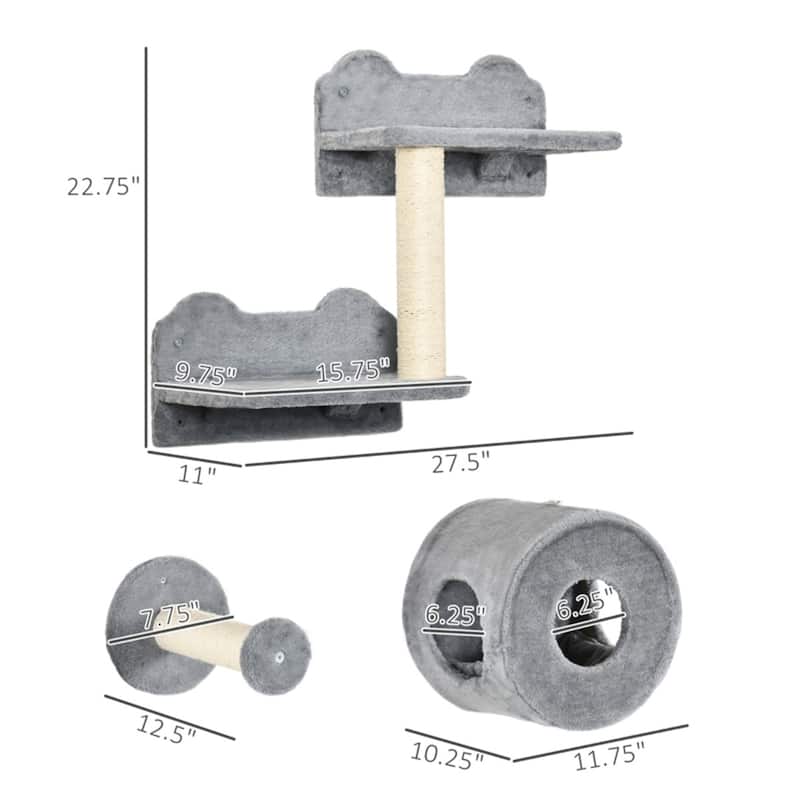 Cat Wall Shelves & Climbing Tower 5PC Set - Condo, Scratching Posts & Jumping Platforms - 27.5" L x 11" W x 22.75" H