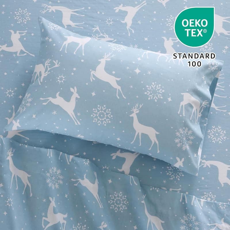 Christmas Soft Brushed Microfiber Holiday Bed Sheets Set, Light Blue