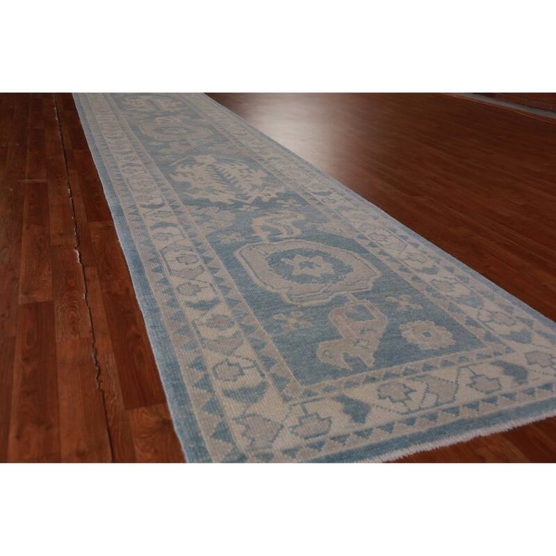 Hand Knotted Oriental 100% Wool Carpet Transitional Geometric Navy Blue & Blues Oushak Runner Rug - 18' 10'' X 3' 5''