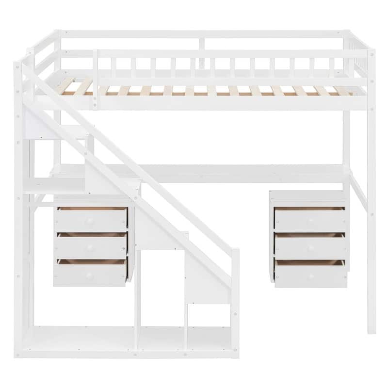 Twin/Full Size Loft Bed with Desk and Light Strip, Storage Bed Frame with Two Chest of Drawers & Clothes Hanging Rod