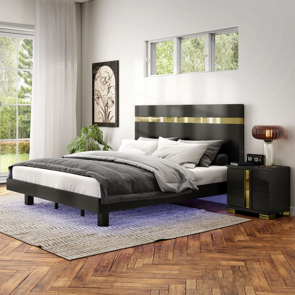 Furniture of America Halifax Modern 2-Piece Wood Black Platform Bedroom Set with Underbed LED