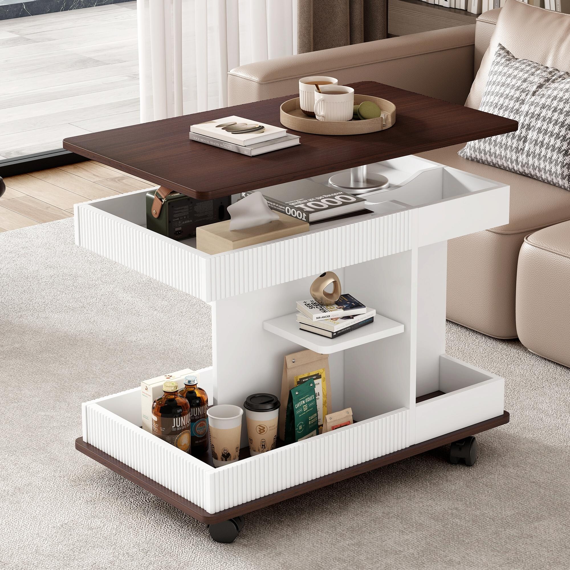 Modern Multifunctional Sofa Side Table with Lift-Top, 360