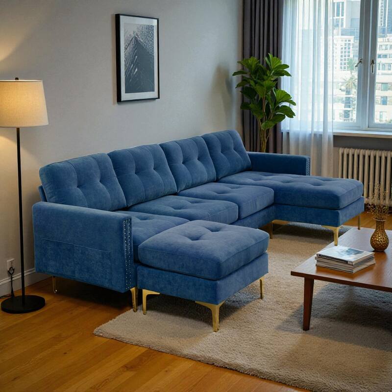 110.6" L-Shaped Convertible Velvet Sectional Sofa with Movable Ottoman and Storage Pockets for Living Room