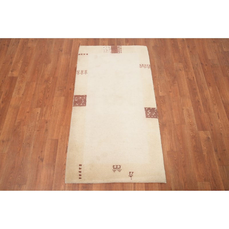 Hand Knotted Oriental 100% Wool Carpet Modern Geometric Beige & Ivories Gabbeh Area Rug - 3' 11'' X 2' 1''