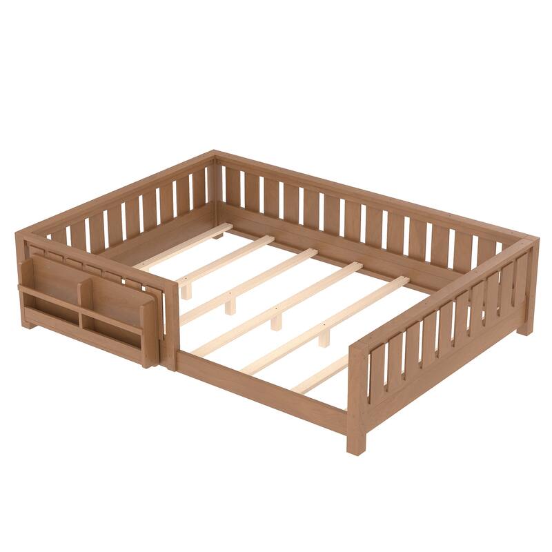 Montessori Floor Bed Low Profile Kids Bed with Rails & Bookshelf