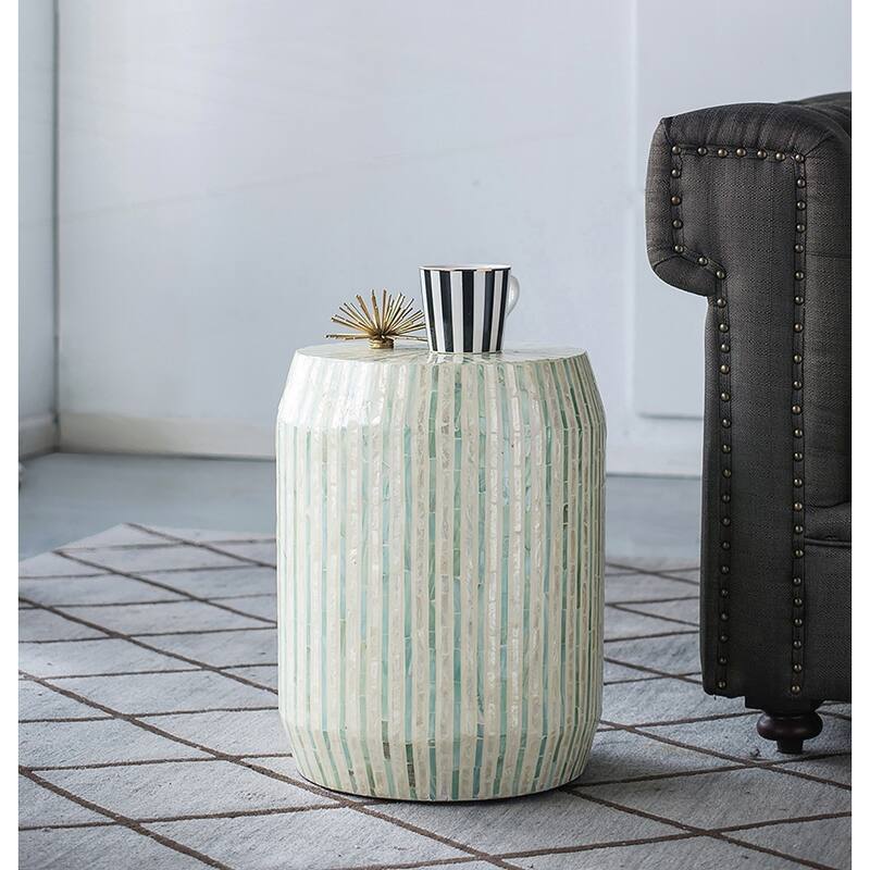 Cream and Green Cylinder Accent Stool with Striped Pattern