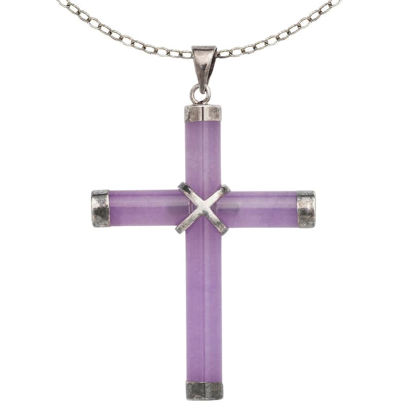 Curata 925 Sterling Silver 18"Jaade, Onyx or Tigers Eye Cross Pendant Necklace - 25mm x 35mm - 25mmx35mm - Lavendar Jade