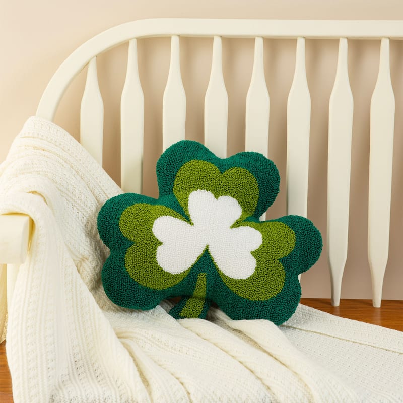 Glitzhome 14"L St. Patrick's Hooked Shamrock-shaped Pillow