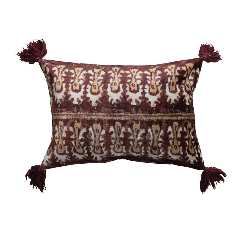 Cotton Velvet Ikat Printed Lumbar Pillow with Tassels - Multi-Color