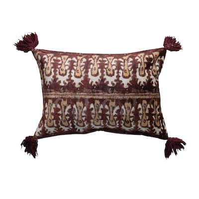 Cotton Velvet Ikat Printed Lumbar Pillow with Tassels