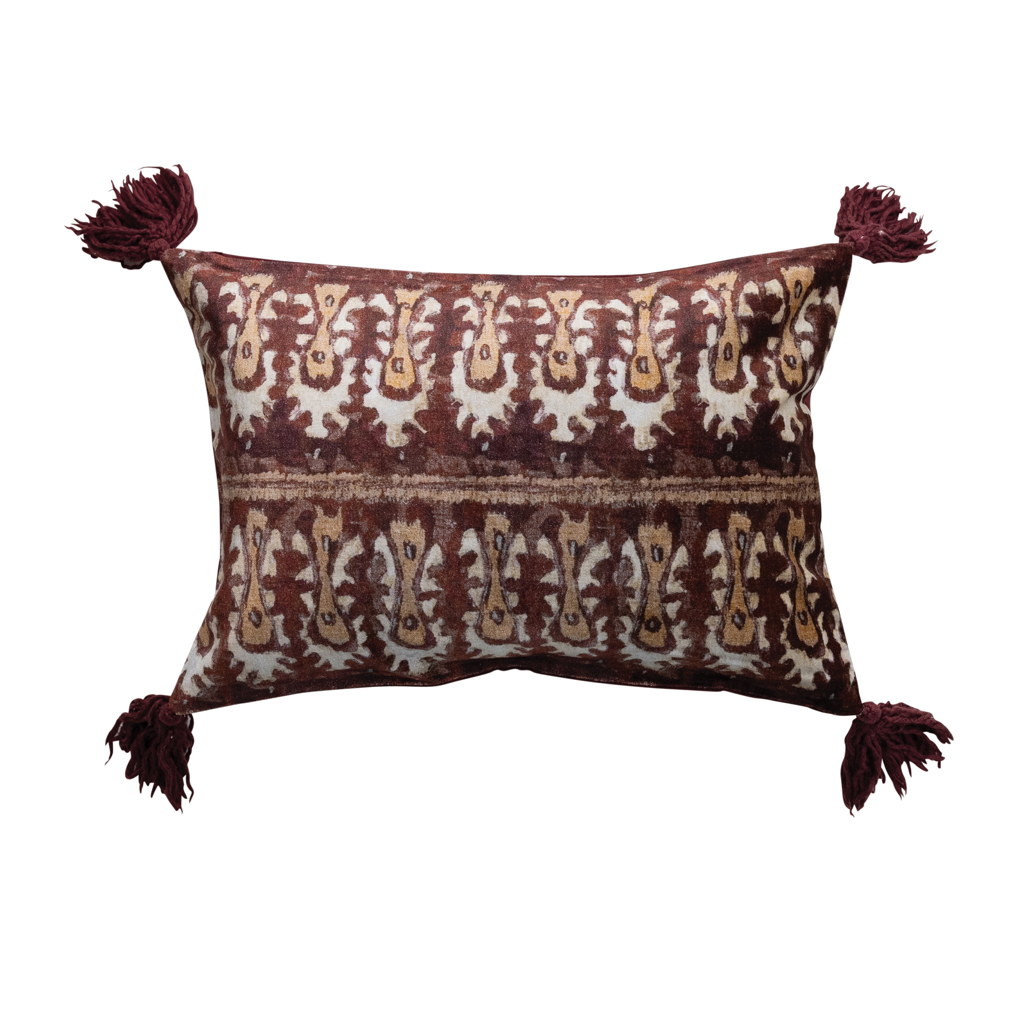 Cotton Velvet Ikat Printed Lumbar Pillow with Tassels