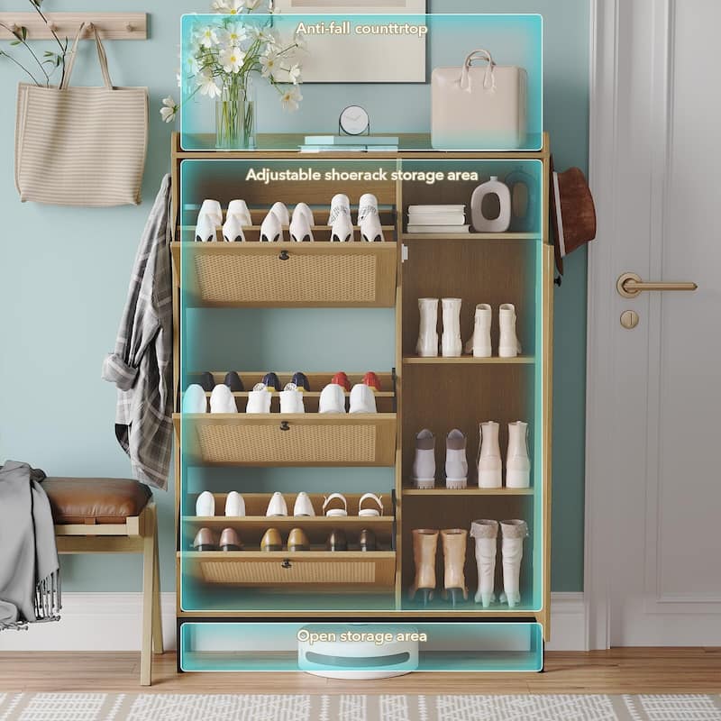 3-Tier Shoe Storage Cabinet with Rattan Doors and Adjustable Compartments