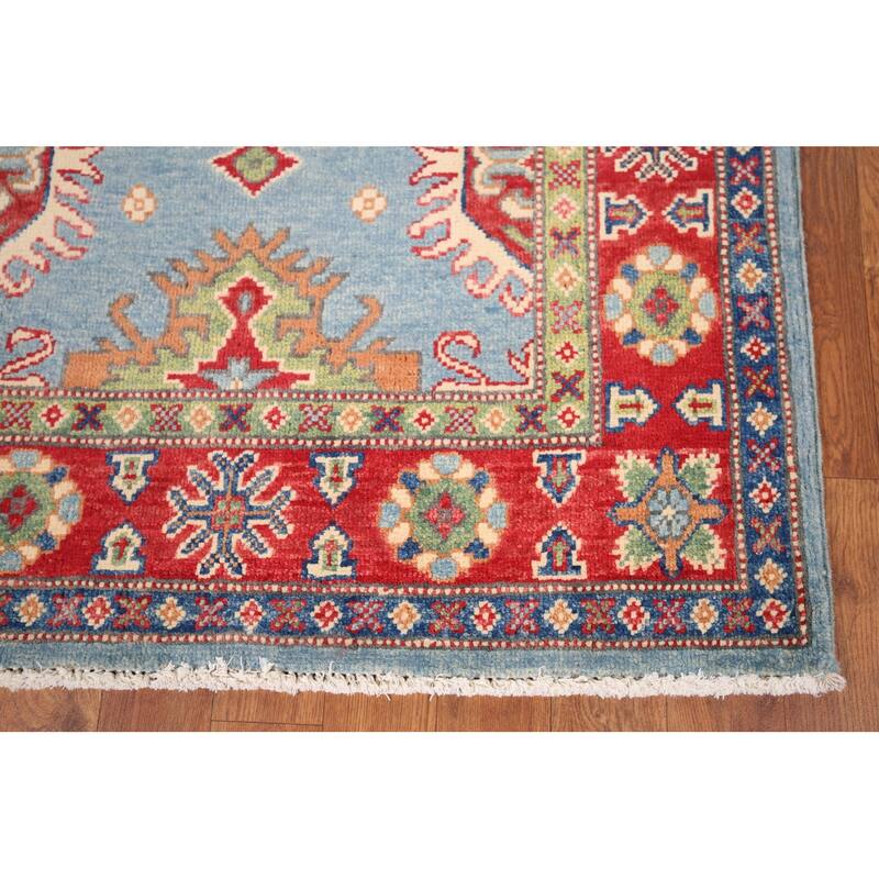 Light Blue Geometric Kazak Rug Entryway Hand-Knotted Wool Carpet - 3'1" x 4'11"