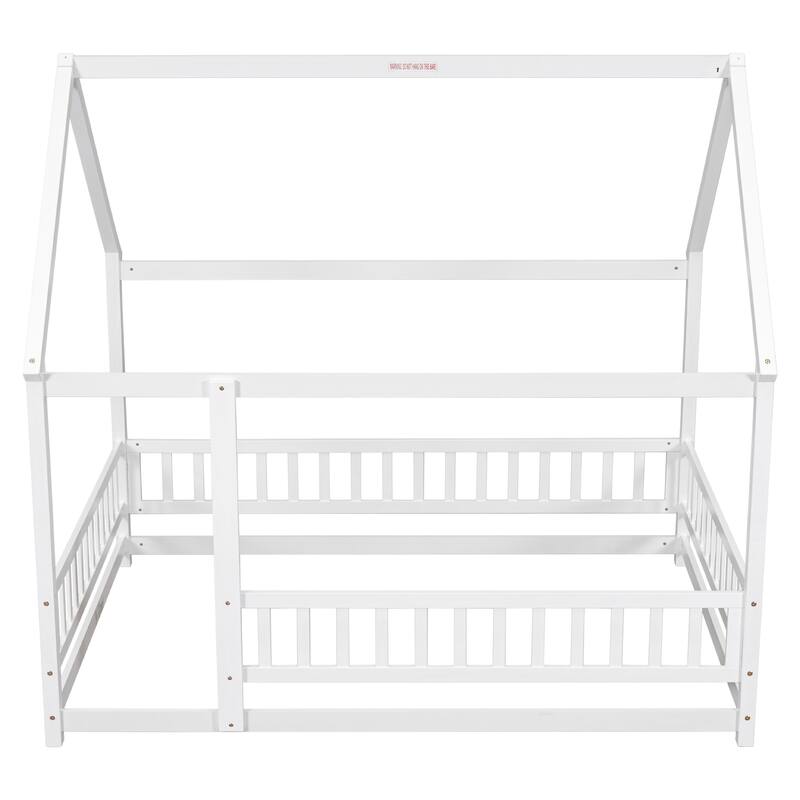 Full Size Floor Wooden Bed with House Roof Frame