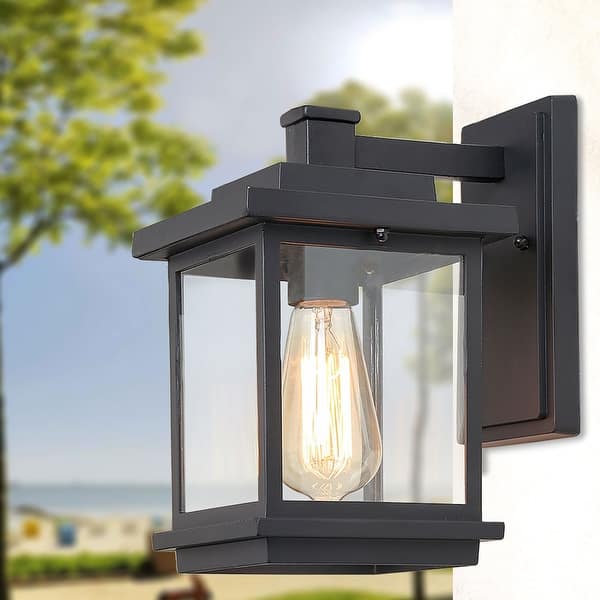 slide 1 of 9, Modern Farmhouse Black 1-Light Glass Patio Outdoor Wall Sconces - L6.7"X W9.1" X H11.8"