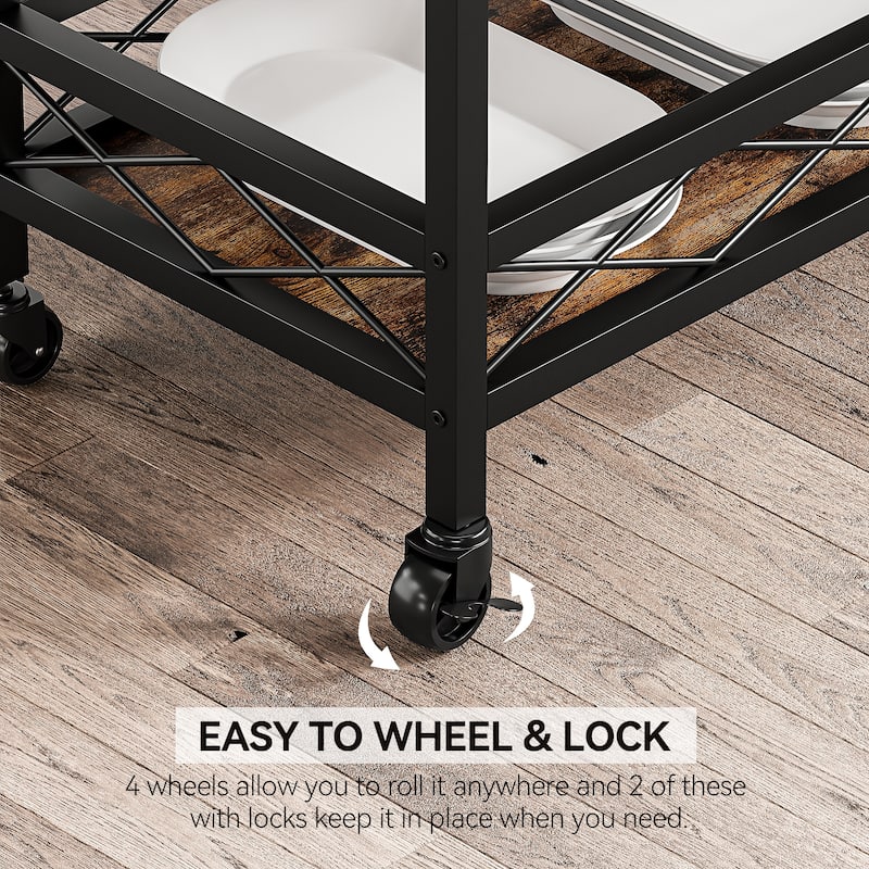Bar Cart, 3 Tier Bar Carts for The Home,Grey Bar Cart with Wheels, Two Portable Trays, Wine Rack, Glasses Holder