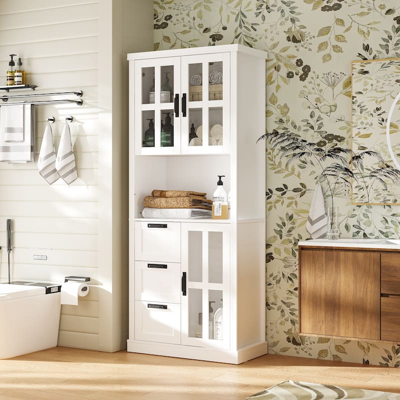 Modern Bathroom Cabinet Freestanding Storage Cabinet with Glass Doors & 3 Drawers