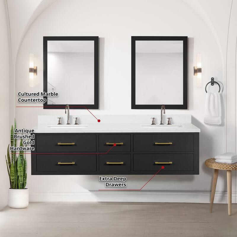 Castor 60 in W x 22 in D Black Double Bath Vanity, Cultured Marble Top, and 28 in Mirrors
