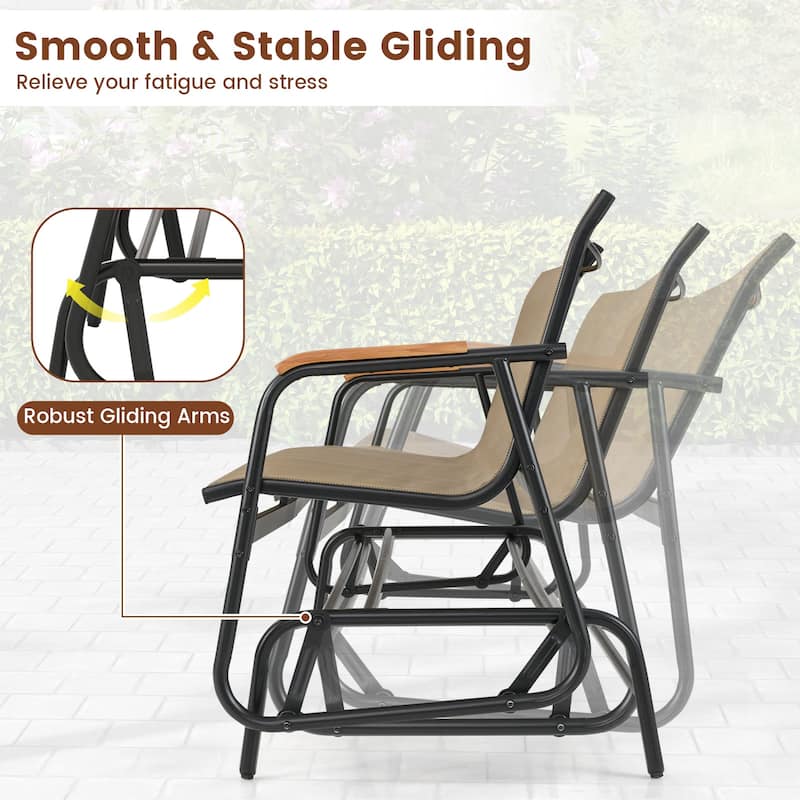 Black Brown Metal Teak 3-Person Glider Bench with Fabric Seat and Armrests - 29" L x 66.5" W x 33" H