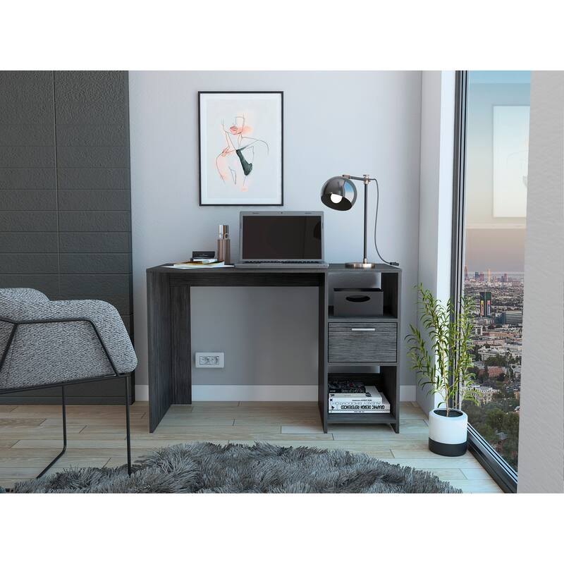 Freestanding Rectangular Computer Desk with Storage Drawer, Open Compartments, and Sleek Modern Design - Grey
