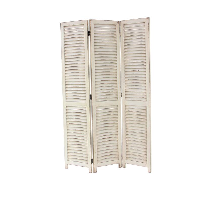 Wood Hinged Foldable Partition 3 Panel Room Divider Screen with Horizontal Slats - Cream - Roche River Decor