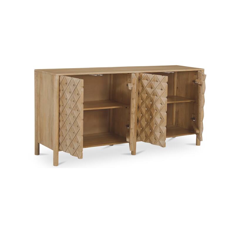 NADAAL STUDIOS Talric Sideboard, Hand-Carved Dimensional Front in Solid Mango Wood with Push-to-Open Doors, Natural