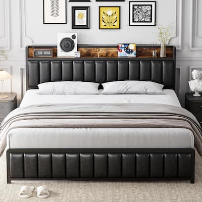 Upholstered Bed Frame with Charging Station