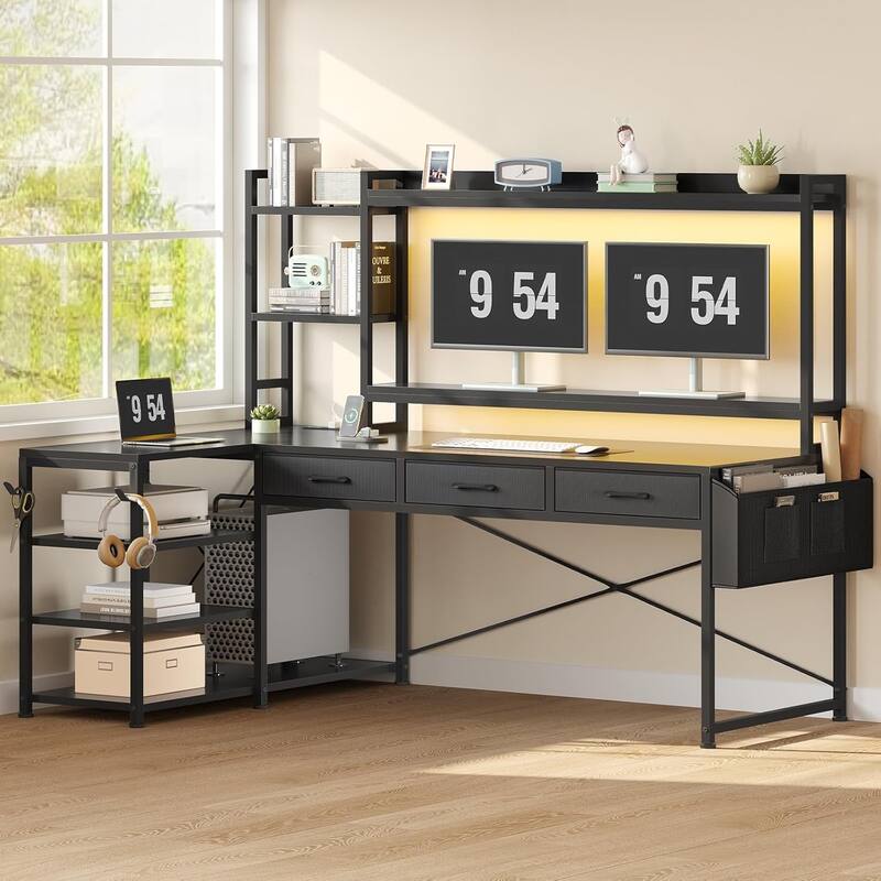55" L Shaped Gaming Desk Corner Computer Desk Fabric Drawers - Black