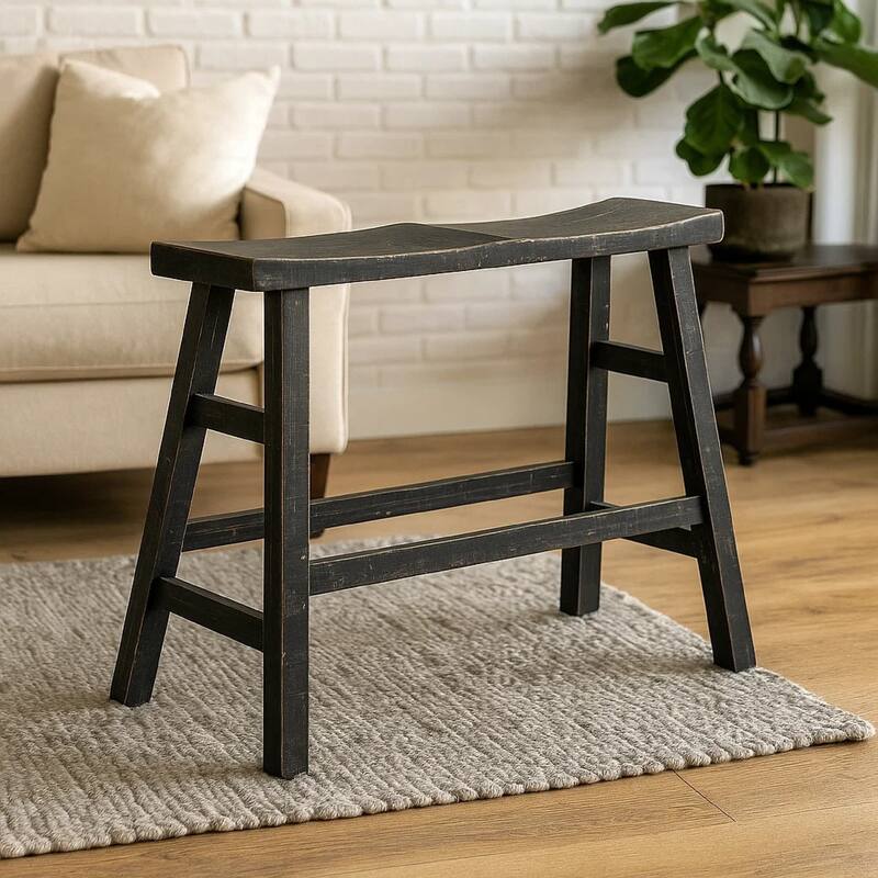 Rena Counter Height Bench, 33 Inch Rustic Black Mahogany Wood Frame
