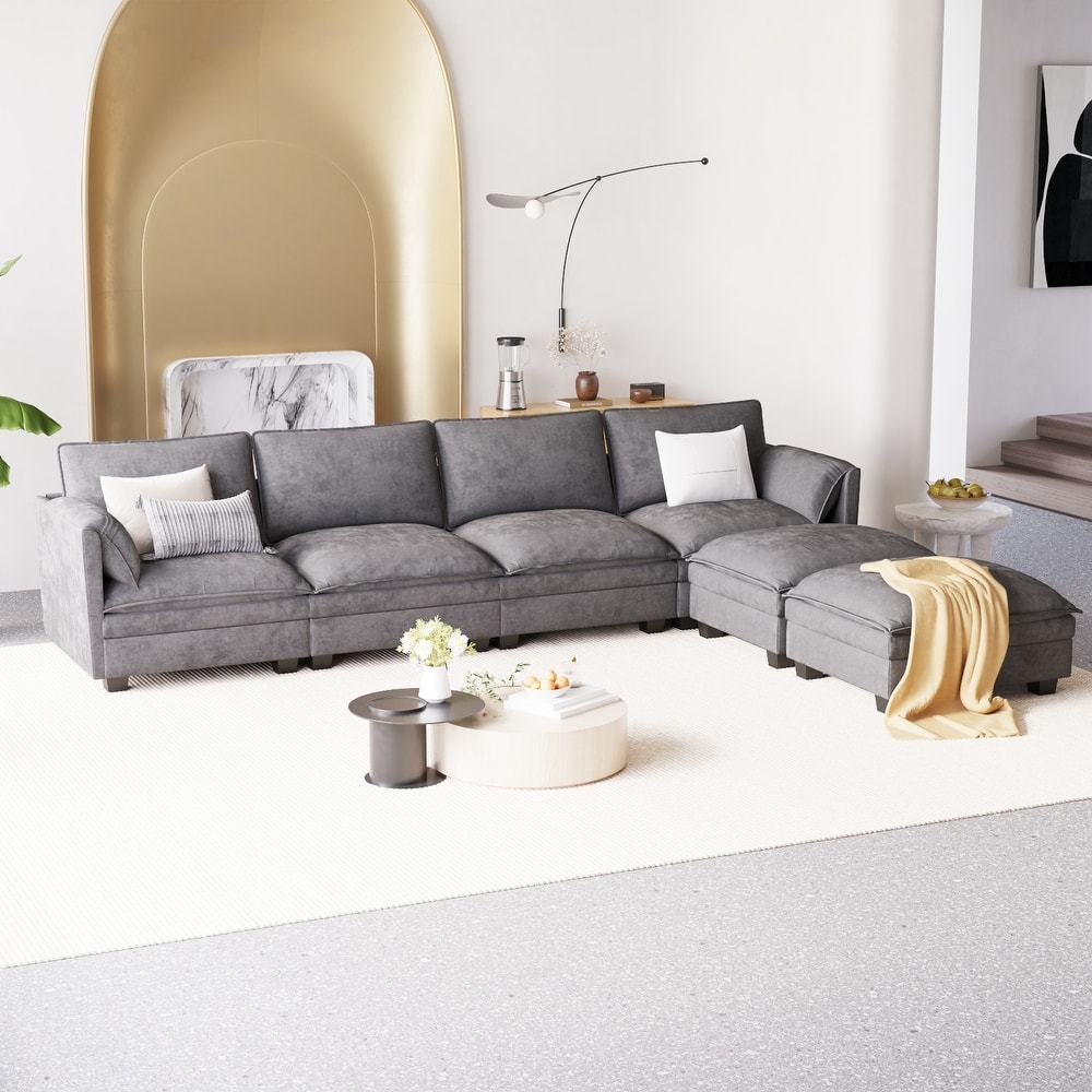 GDFStudio - Noah 141.5" U-Shaped 6-Seater Sofa Couch with Movable Ottoman and Armrest Pockets, Fabric Upholstery - U-Shape