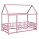 preview thumbnail 8 of 7, Pink Twin Size Wooden Floor Bed with House Roof & Guardrails