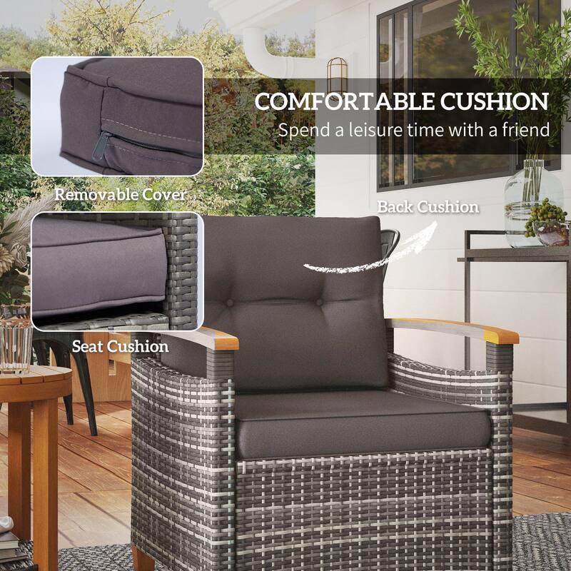 3 Pieces Patio Bistro Set Wooden with Cushions, PE Wicker Patio Furniture Outdoor for Porch, Backyard, Garden