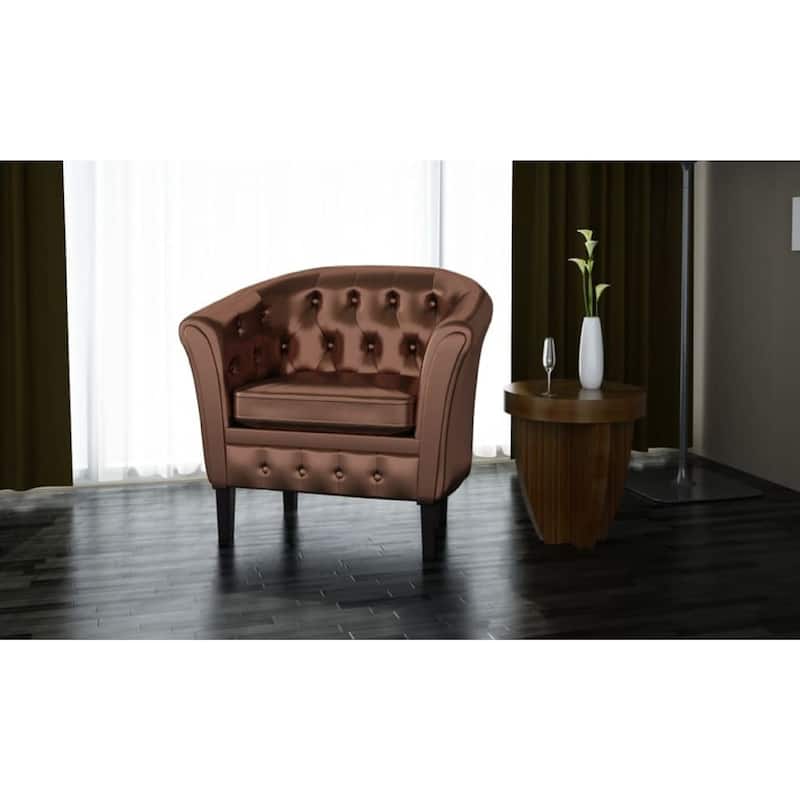 Deina Armchair, Tufted Shiny Brown Faux Leather, Black Wood Legs